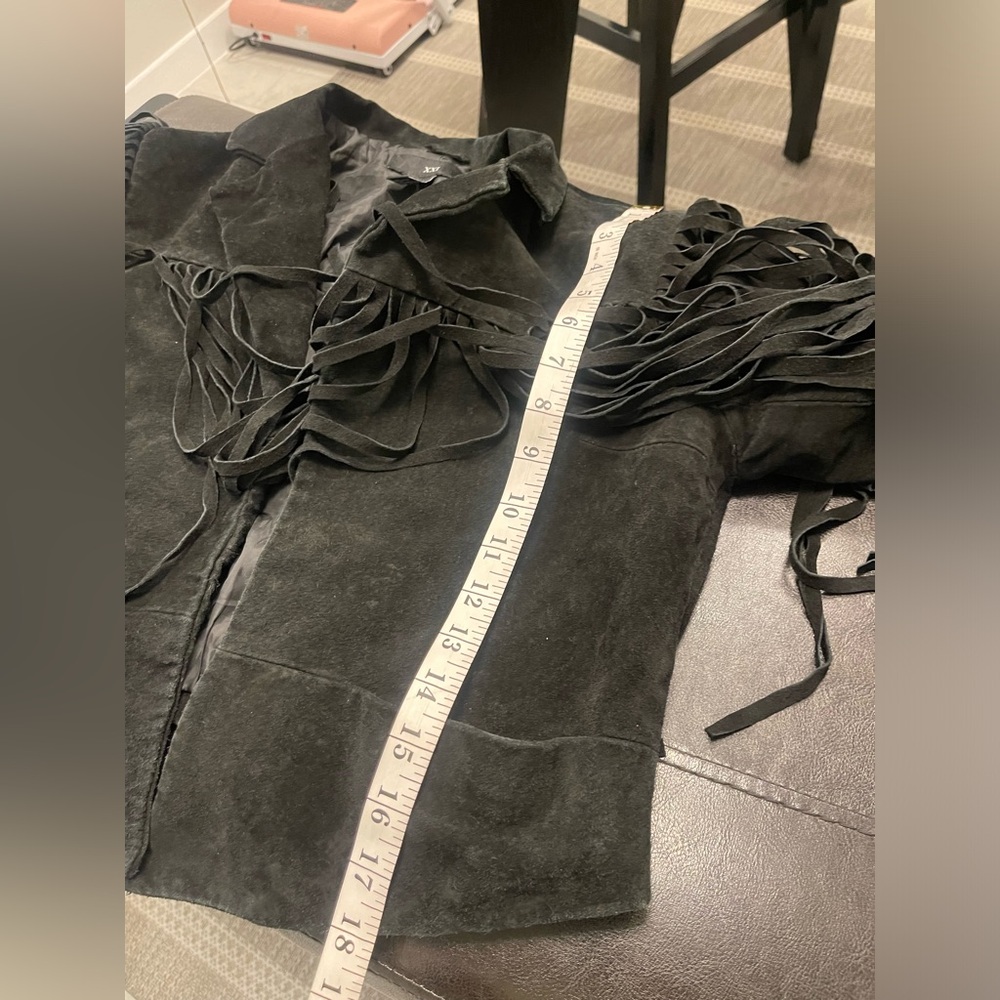 Y2K vintage XXI forever 21 genuine leather pigskin suede fringe cropped jacket M - Picture 7 of 7